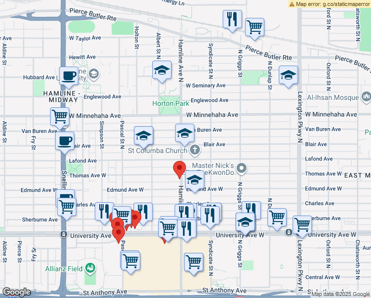 map of restaurants, bars, coffee shops, grocery stores, and more near 1330 Blair Avenue in Saint Paul