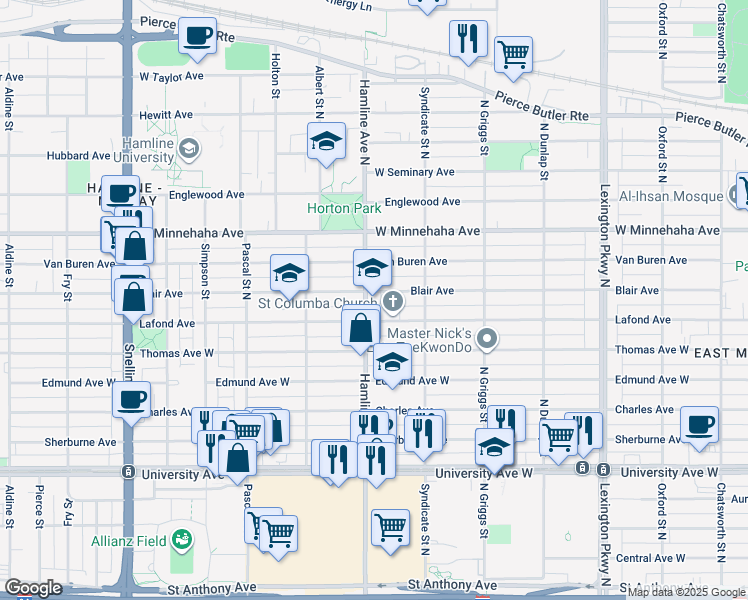 map of restaurants, bars, coffee shops, grocery stores, and more near 1330 Blair Avenue in Saint Paul