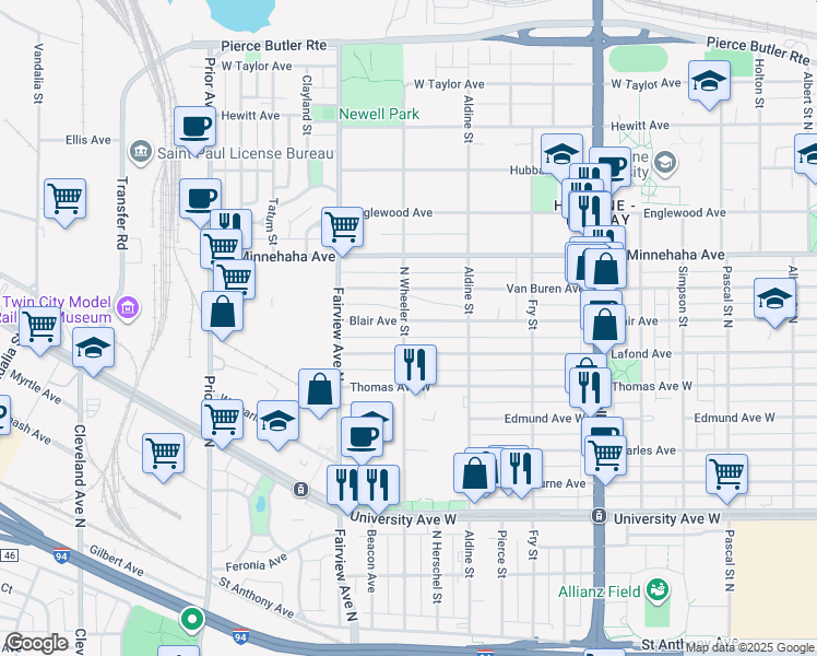 map of restaurants, bars, coffee shops, grocery stores, and more near 1744 Blair Avenue in Saint Paul