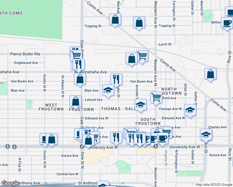 map of restaurants, bars, coffee shops, grocery stores, and more near 651 North Mackubin Street in Saint Paul
