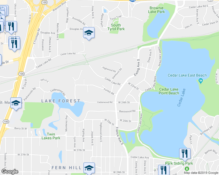 map of restaurants, bars, coffee shops, grocery stores, and more near 2212 Glenhurst Road in Minneapolis