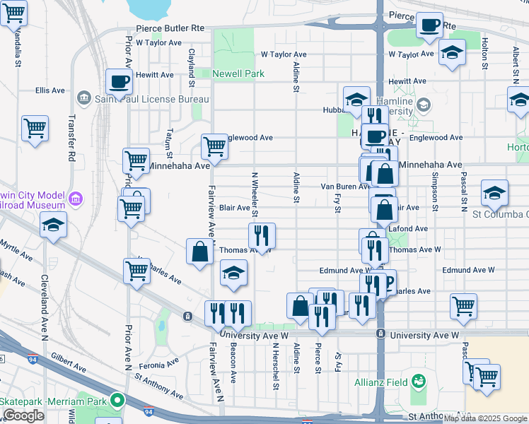 map of restaurants, bars, coffee shops, grocery stores, and more near 1744 Blair Avenue in Saint Paul