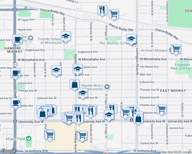 map of restaurants, bars, coffee shops, grocery stores, and more near 1260 West Blair Avenue in Saint Paul