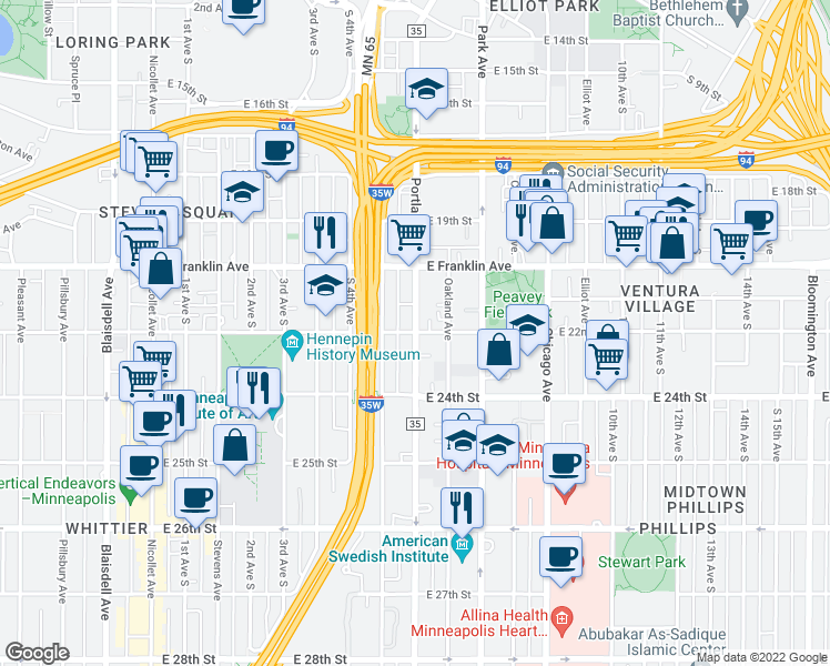 map of restaurants, bars, coffee shops, grocery stores, and more near 2200 Portland Avenue South in Minneapolis
