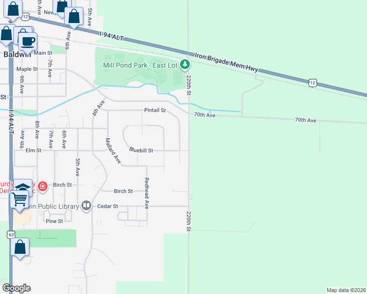 map of restaurants, bars, coffee shops, grocery stores, and more near 233 Pintail Street in Baldwin