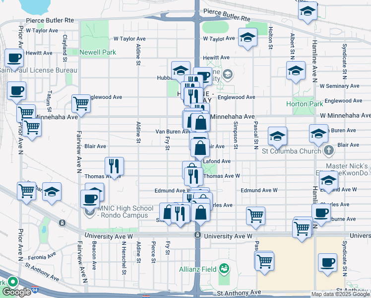 map of restaurants, bars, coffee shops, grocery stores, and more near 1602 Blair Avenue in Saint Paul