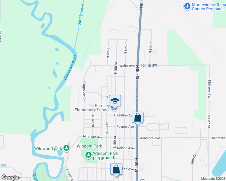 map of restaurants, bars, coffee shops, grocery stores, and more near 1410 North 4th Street in Montevideo