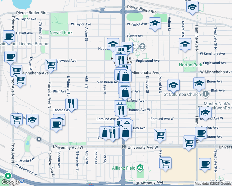map of restaurants, bars, coffee shops, grocery stores, and more near 1602 Blair Avenue in Saint Paul