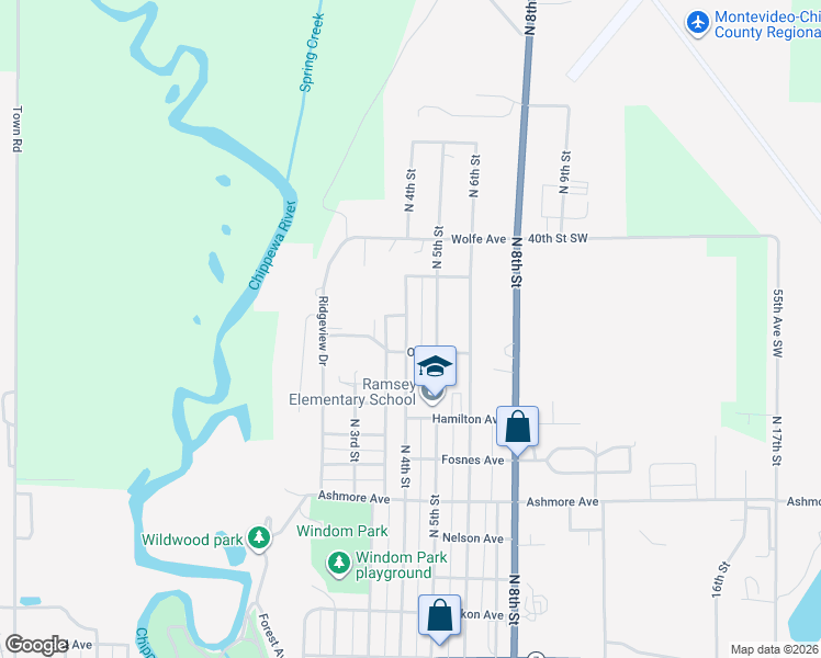 map of restaurants, bars, coffee shops, grocery stores, and more near 1410 North 4th Street in Montevideo