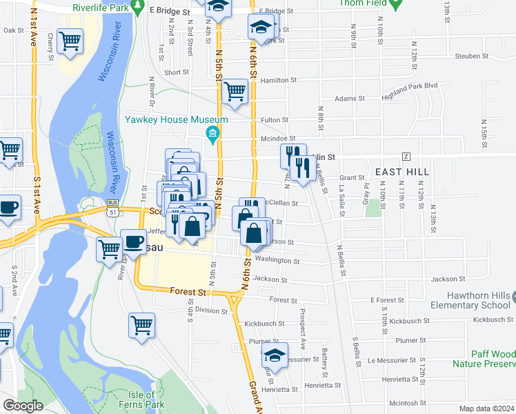 map of restaurants, bars, coffee shops, grocery stores, and more near 529 McClellan Street in Wausau