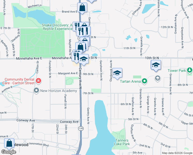 map of restaurants, bars, coffee shops, grocery stores, and more near 6159 9th Street North in Saint Paul