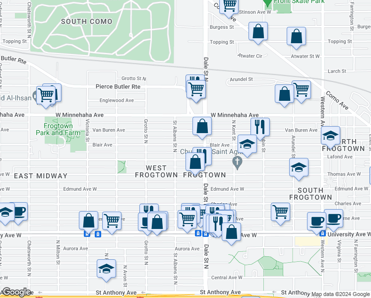 map of restaurants, bars, coffee shops, grocery stores, and more near 646 Blair Avenue in Saint Paul