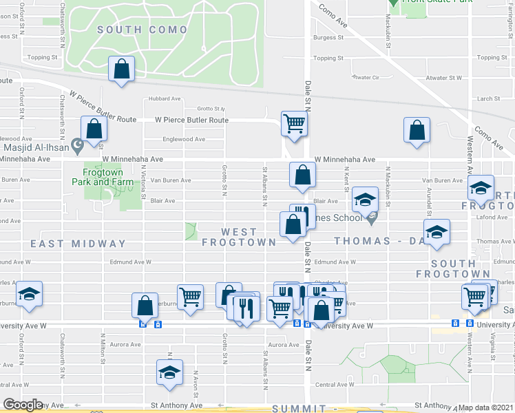 map of restaurants, bars, coffee shops, grocery stores, and more near 682 Blair Avenue in Saint Paul