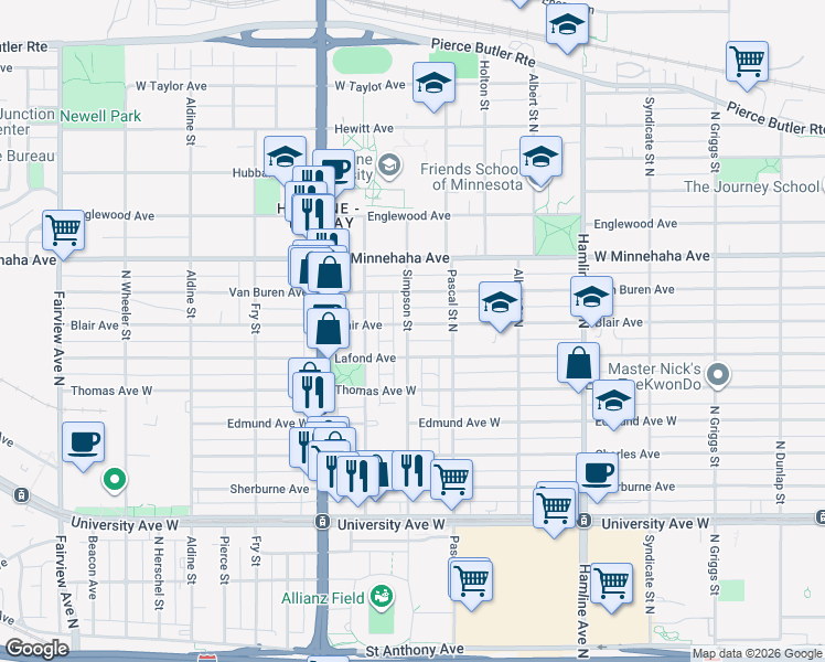 map of restaurants, bars, coffee shops, grocery stores, and more near 1488 Blair Avenue in Saint Paul