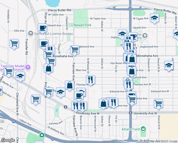 map of restaurants, bars, coffee shops, grocery stores, and more near 1744 Blair Avenue in Saint Paul