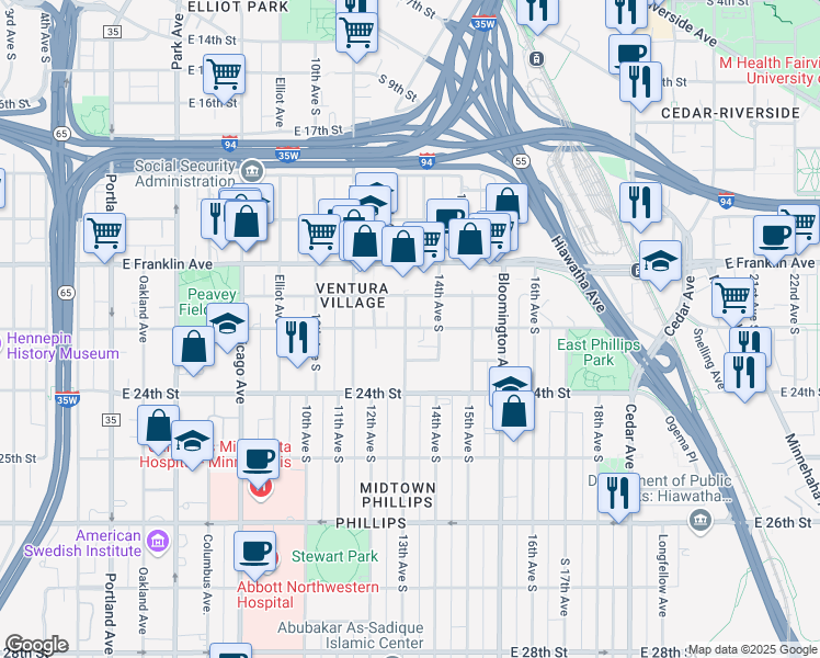 map of restaurants, bars, coffee shops, grocery stores, and more near 1224 East 22nd Street in Minneapolis