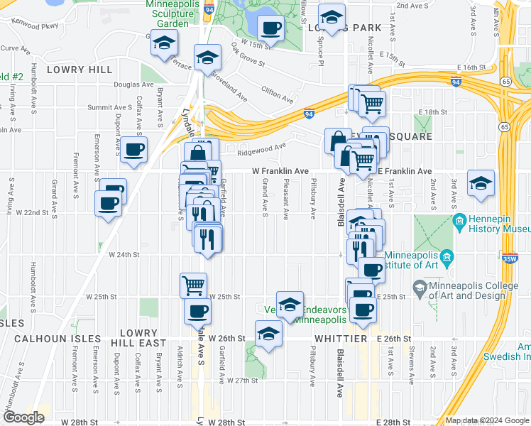 map of restaurants, bars, coffee shops, grocery stores, and more near 308 West 22nd Street in Minneapolis