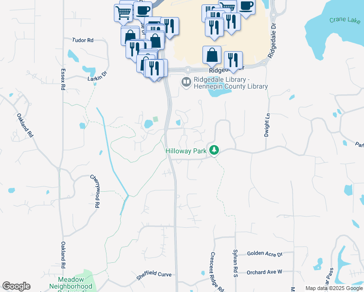 map of restaurants, bars, coffee shops, grocery stores, and more near 2227 Sherwood Court in Hopkins