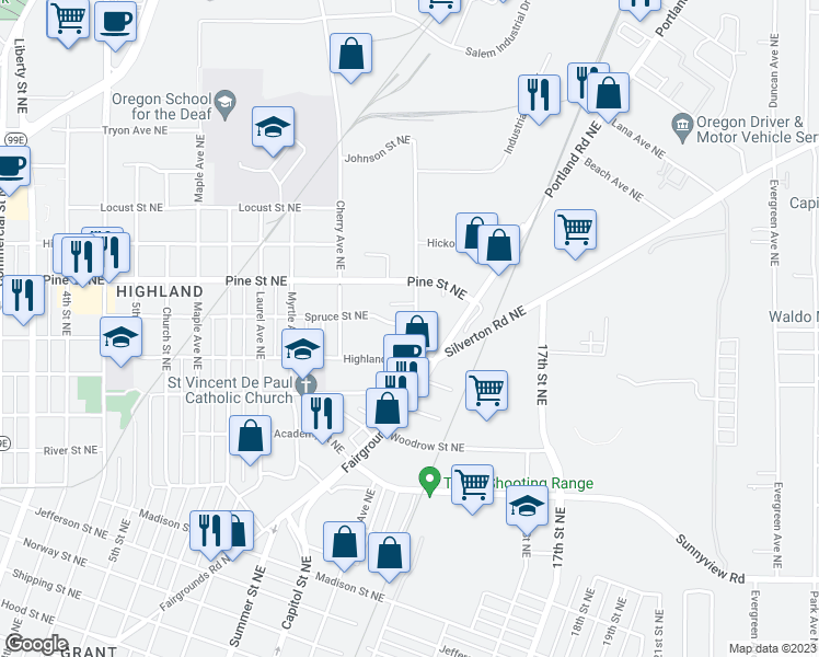 map of restaurants, bars, coffee shops, grocery stores, and more near 2595 Brooks Avenue Northeast in Salem