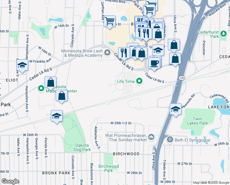 map of restaurants, bars, coffee shops, grocery stores, and more near 2230 Ridge Drive in Minneapolis