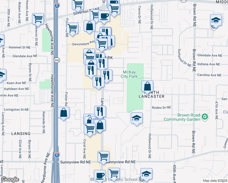 map of restaurants, bars, coffee shops, grocery stores, and more near 4060 Beverly Avenue Northeast in Salem