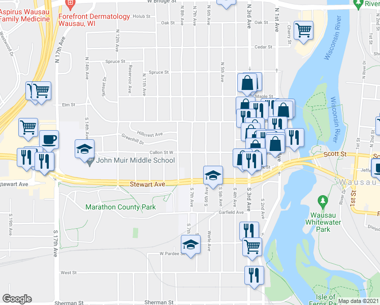 map of restaurants, bars, coffee shops, grocery stores, and more near 710 Callon St W in Wausau