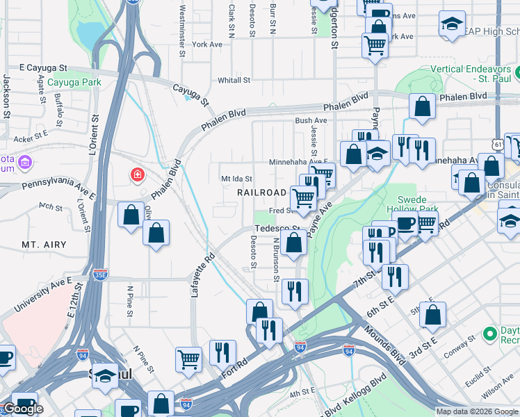 map of restaurants, bars, coffee shops, grocery stores, and more near 660 Desoto Street in Saint Paul