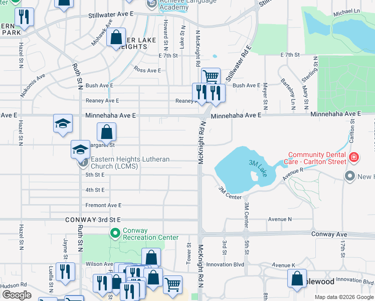 map of restaurants, bars, coffee shops, grocery stores, and more near 2240 Margaret Street in Saint Paul