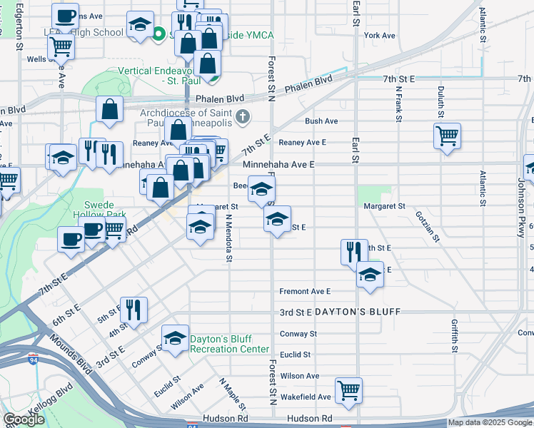 map of restaurants, bars, coffee shops, grocery stores, and more near 655 Forest Street North in Saint Paul