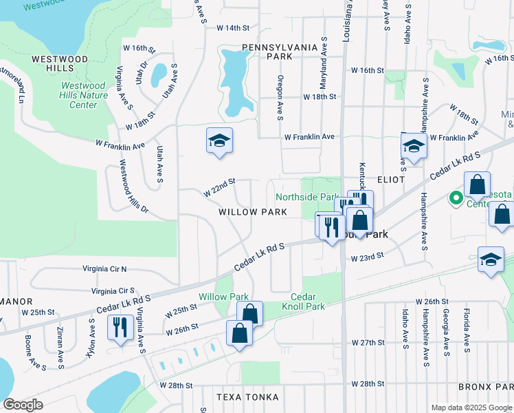 map of restaurants, bars, coffee shops, grocery stores, and more near 2225 Pennsylvania Avenue South in Minneapolis