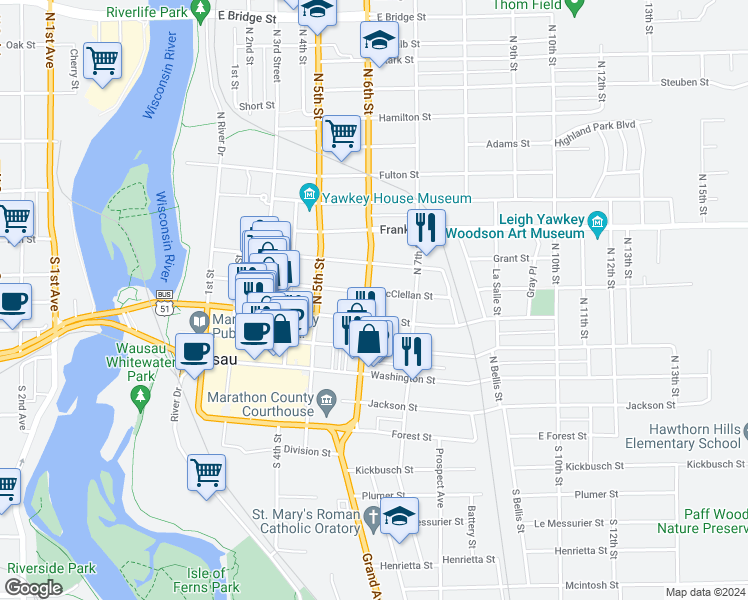 map of restaurants, bars, coffee shops, grocery stores, and more near 601 McClellan Street in Wausau