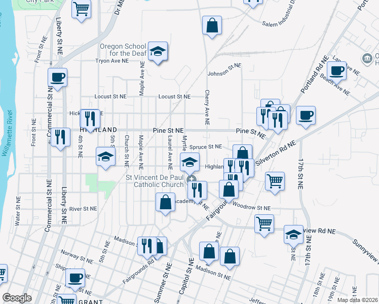 map of restaurants, bars, coffee shops, grocery stores, and more near 2380 Myrtle Avenue Northeast in Salem