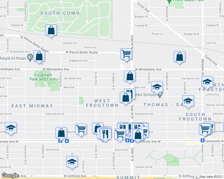 map of restaurants, bars, coffee shops, grocery stores, and more near 682 Blair Avenue in Saint Paul