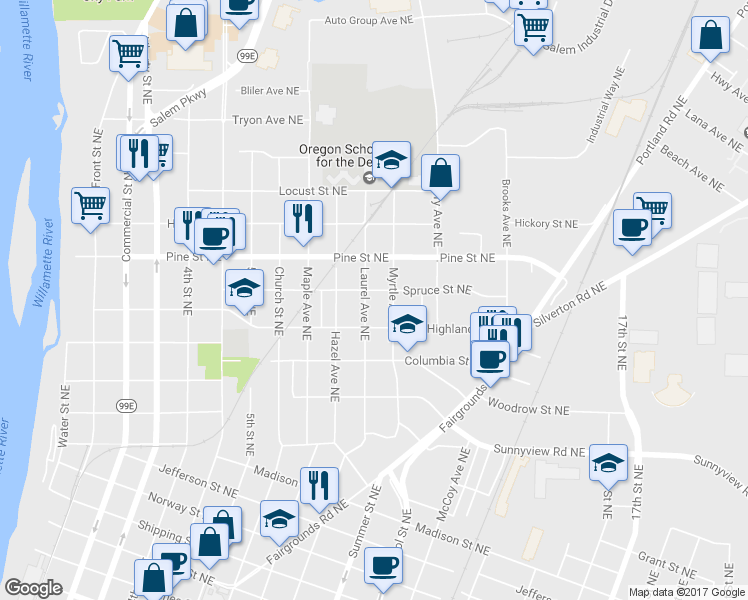 map of restaurants, bars, coffee shops, grocery stores, and more near 2372 Laurel Avenue Northeast in Salem
