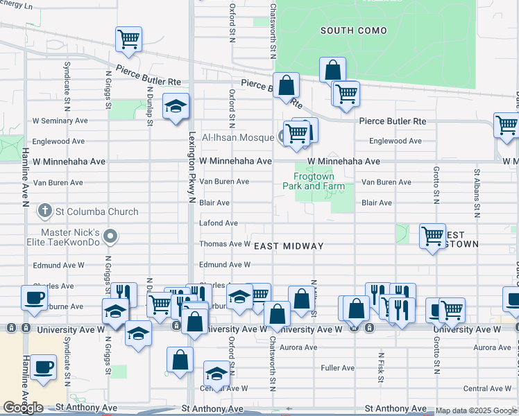 map of restaurants, bars, coffee shops, grocery stores, and more near 996 Blair Avenue in Saint Paul