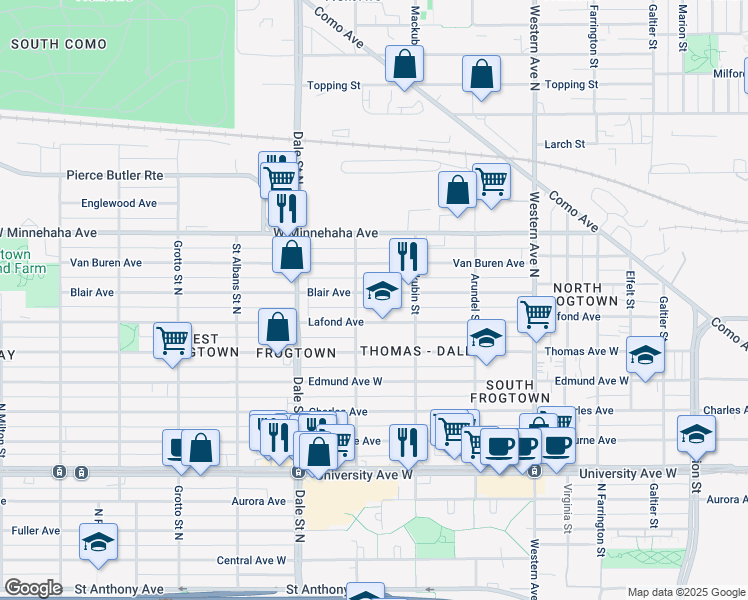 map of restaurants, bars, coffee shops, grocery stores, and more near 542 Blair Avenue in Saint Paul