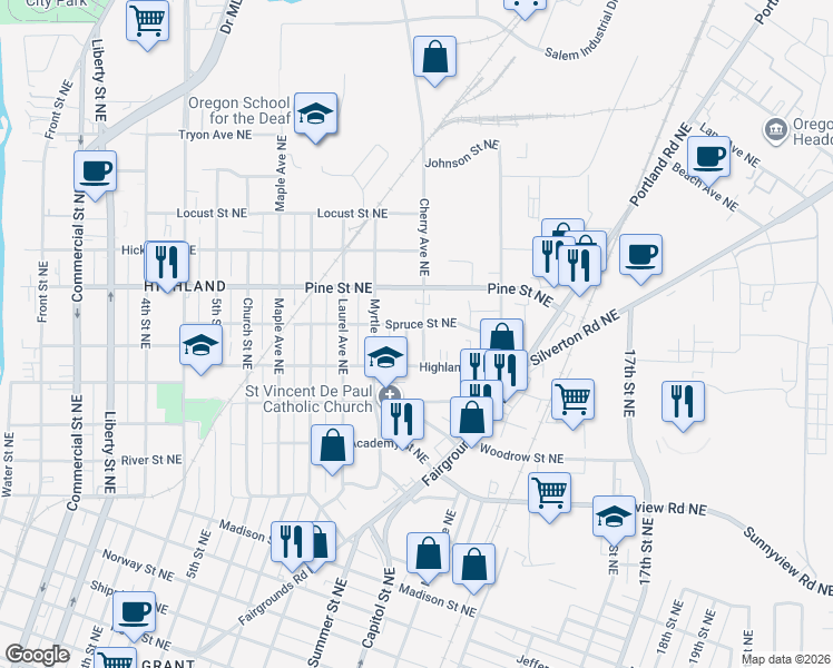 map of restaurants, bars, coffee shops, grocery stores, and more near 2385 Cherry Avenue Northeast in Salem