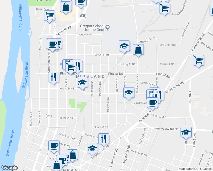 map of restaurants, bars, coffee shops, grocery stores, and more near 2271 Hazel Avenue Northeast in Salem