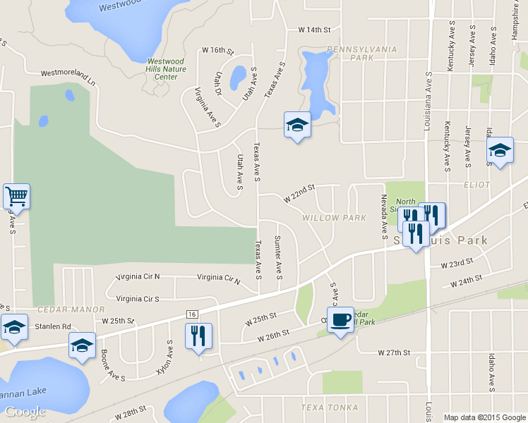 map of restaurants, bars, coffee shops, grocery stores, and more near 2215 Texas Avenue South in Minneapolis