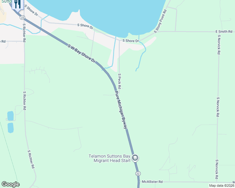 map of restaurants, bars, coffee shops, grocery stores, and more near 1299 South Peck Road in Suttons Bay