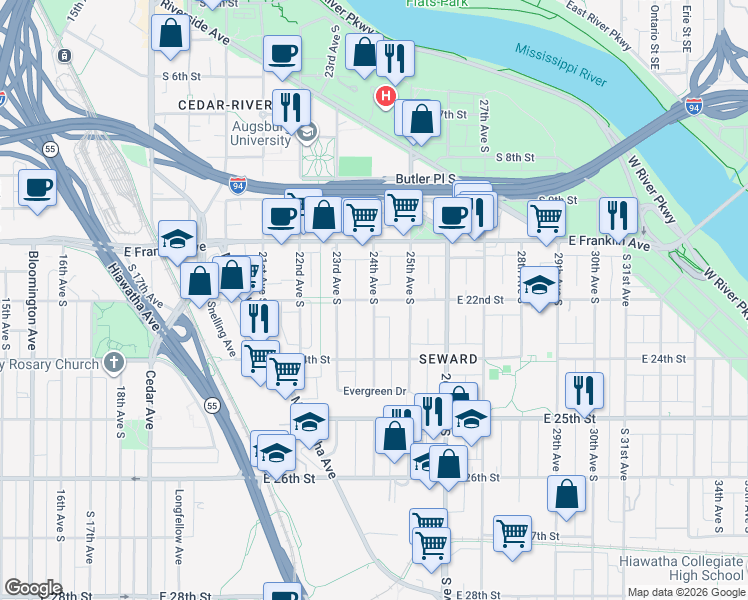 map of restaurants, bars, coffee shops, grocery stores, and more near E 22nd St & 24th Ave S in Minneapolis