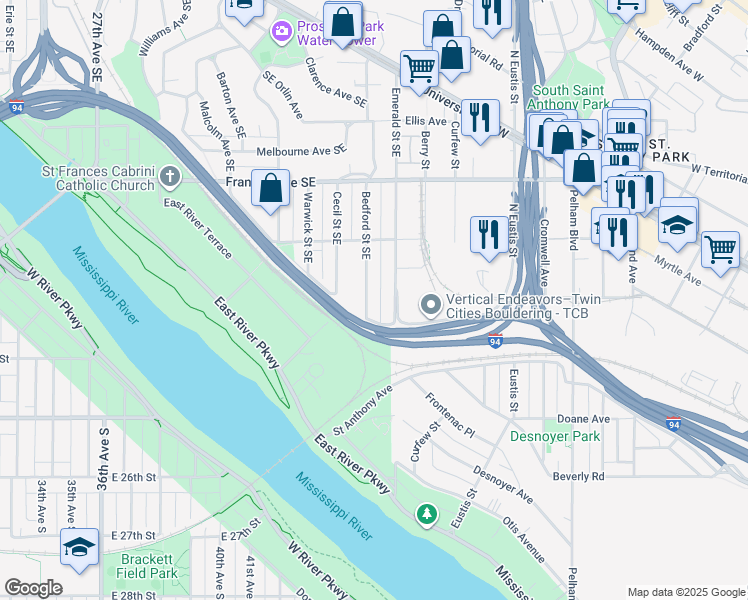 map of restaurants, bars, coffee shops, grocery stores, and more near 243 Southeast Bedford Street in Minneapolis
