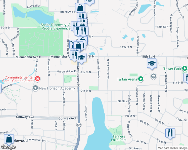map of restaurants, bars, coffee shops, grocery stores, and more near 6159 9th Street North in Saint Paul