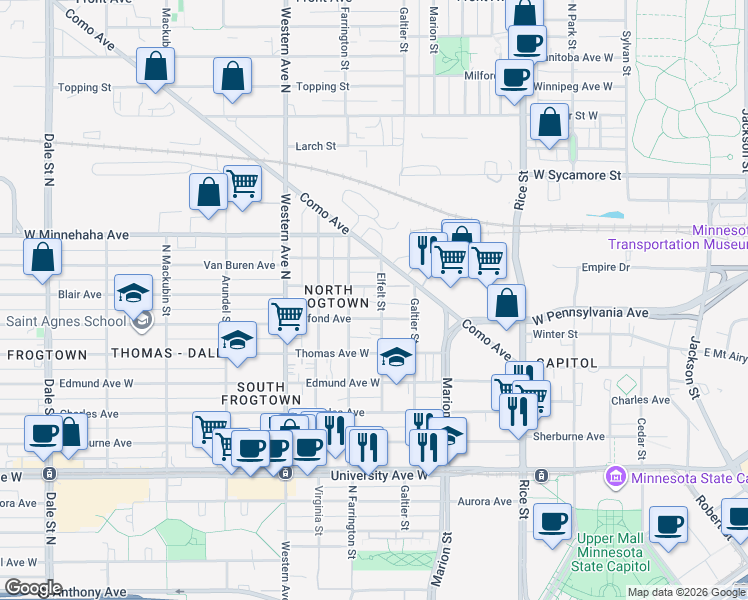 map of restaurants, bars, coffee shops, grocery stores, and more near 651 Elfelt Street in Saint Paul