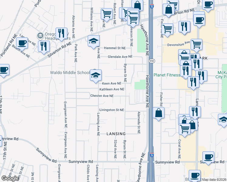 map of restaurants, bars, coffee shops, grocery stores, and more near 3134 Kathleen Avenue Northeast in Salem