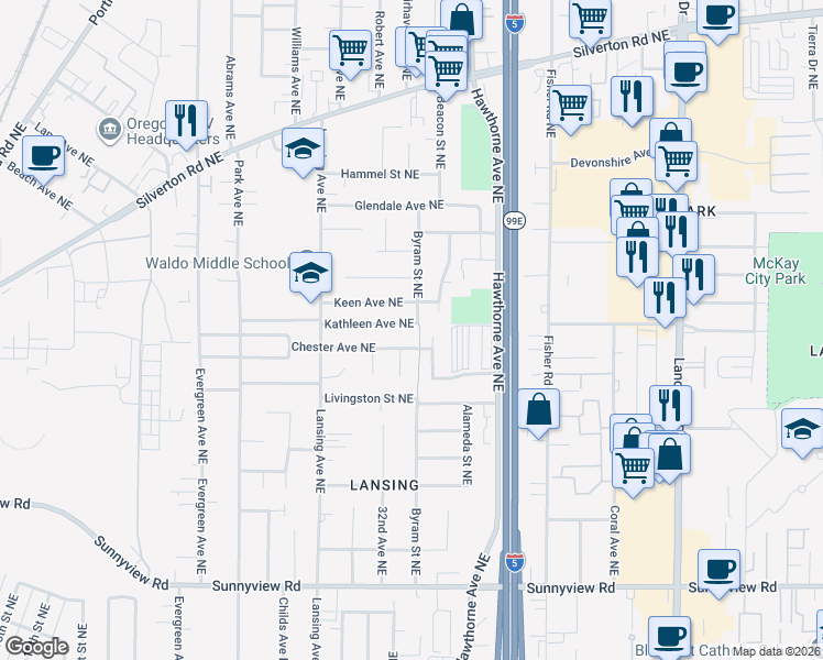 map of restaurants, bars, coffee shops, grocery stores, and more near 3290 Kathleen Avenue Northeast in Salem
