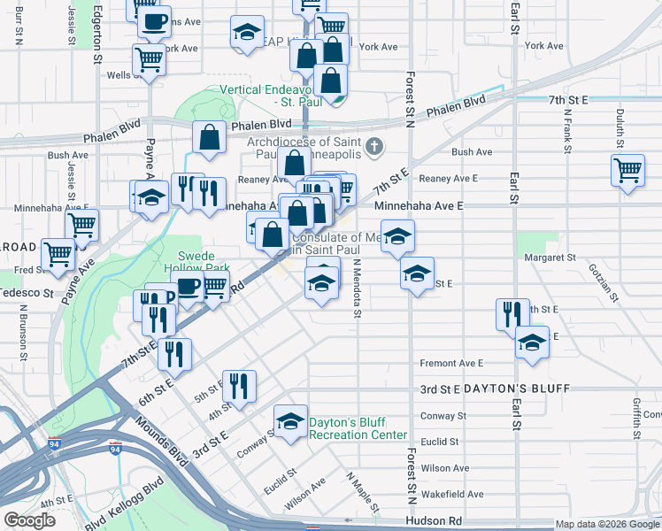 map of restaurants, bars, coffee shops, grocery stores, and more near 856 Margaret Street in Saint Paul