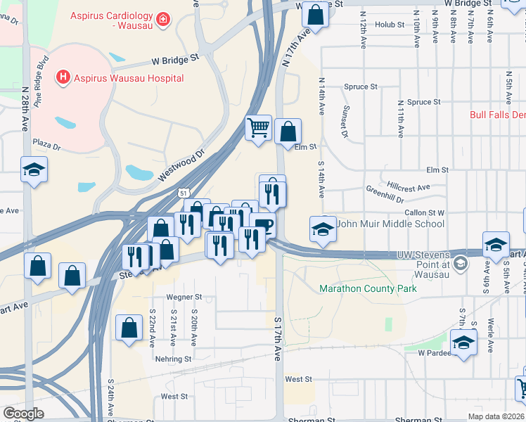 map of restaurants, bars, coffee shops, grocery stores, and more near 301 South 18th Avenue in Wausau