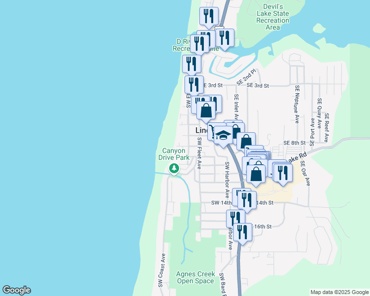 map of restaurants, bars, coffee shops, grocery stores, and more near 805 Southwest Ebb Avenue in Lincoln City