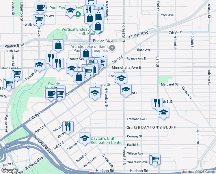 map of restaurants, bars, coffee shops, grocery stores, and more near 890 Margaret Street in Saint Paul